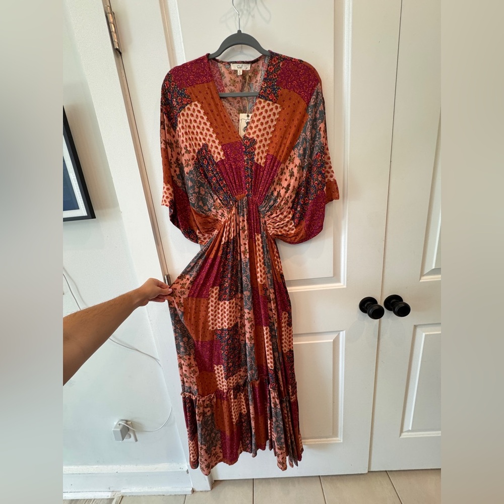 NWT Easel Fall Boutique Dress Patchwork Maxi Kimono Size S M